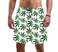 Eslifey Man Beach Shorts, Cannabis Weed Green Pattern Swim Trunks Elastic Swimsuit Board Shorts for Men, S
