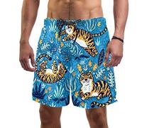 Eslifey Man Beach Shorts Cartoon Orange Tigers Blue Garden Swim Trunks Elastic Swimsuit Board Shorts for Men,S