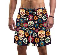 Eslifey Man Beach Shorts Day of The Dead Sugar Skulls and Flowers Swim Trunks Elastic Swimsuit Board Shorts for Men,S