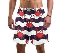 Eslifey Man Beach Shorts Happy Crabs Nautical Cute Crabs and Striped Pattern Swim Trunks Elastic Swimsuit Board Shorts for Men