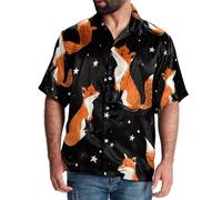 Eslifey Men's Button Up Shirt with Short Sleeves, Fox Animals White Stars Pattern