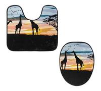 Eslifey Toilet Lid Cover and U-Shaped Toilet Floor Mat Set of 2 Pieces, Acacia and Giraffes Toilet Mat Set, Machine Washable Seat Covers Non-Slip Absorbent Rugs