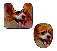 Eslifey Toilet Lid Cover and U-Shaped Toilet Floor Mat Set of 2 Pieces, Adorable Chihuahua Toilet Mat Set, Machine Washable Seat Covers Non-Slip Absorbent Rugs