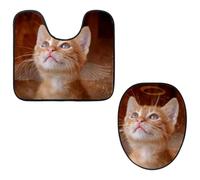 Eslifey Toilet Lid Cover and U-Shaped Toilet Floor Mat Set of 2 Pieces, Angel Cat Baby Wings Toilet Mat Set, Machine Washable Seat Covers Non-Slip Absorbent Rugs