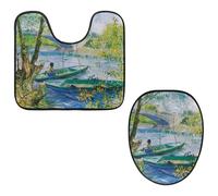 Eslifey Toilet Lid Cover and U-Shaped Toilet Floor Mat Set of 2 Pieces, Anglers and Boats Toilet Mat Set, Machine Washable Seat Covers Non-Slip Absorbent Rugs