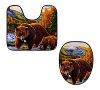 Eslifey Toilet Lid Cover and U-Shaped Toilet Floor Mat Set of 2 Pieces, Bears Brown Print Toilet Mat Set, Machine Washable Seat Covers Non-Slip Absorbent Rugs