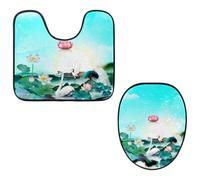 Eslifey Toilet Lid Cover and U-Shaped Toilet Floor Mat Set of 2 Pieces, Blossoming Lotus Crane Swan Toilet Mat Set, Machine Washable Seat Covers Non-Slip Absorbent Rugs