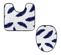 Eslifey Toilet Lid Cover and U-Shaped Toilet Floor Mat Set of 2 Pieces, Blue Feather Dot Patterns Toilet Mat Set, Machine Washable Seat Covers Non-Slip Absorbent Rugs