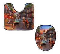 Eslifey Toilet Lid Cover and U-Shaped Toilet Floor Mat Set of 2 Pieces, Bourbon Street Landscape Toilet Mat Set, Machine Washable Seat Covers Non-Slip Absorbent Rugs