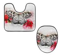 Eslifey Toilet Lid Cover and U-Shaped Toilet Floor Mat Set of 2 Pieces, Butterfly and Flowers Toilet Mat Set, Machine Washable Seat Covers Non-Slip Absorbent Rugs