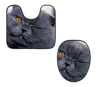 Eslifey Toilet Lid Cover and U-Shaped Toilet Floor Mat Set of 2 Pieces, Cat British Winks Toilet Mat Set, Machine Washable Seat Covers Non-Slip Absorbent Rugs