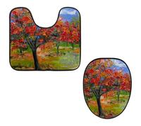Eslifey Toilet Lid Cover and U-Shaped Toilet Floor Mat Set of 2 Pieces, Cherry Trees Kew Gardens Toilet Mat Set, Machine Washable Seat Covers Non-Slip Absorbent Rugs