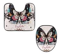 Eslifey Toilet Lid Cover and U-Shaped Toilet Floor Mat Set of 2 Pieces, Colorful Butterfly Ink Spots Grunge Style Fashion Toilet Mat Set, Machine Washable Seat Covers Non-Slip Absorbent Rugs