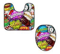 Eslifey Toilet Lid Cover and U-Shaped Toilet Floor Mat Set of 2 Pieces, Comic Speech Bubbles Rocket Alarm Clock Pattern Toilet Mat Set, Machine Washable Seat Covers Non-Slip Absorbent Rugs