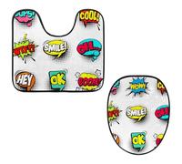 Eslifey Toilet Lid Cover and U-Shaped Toilet Floor Mat Set of 2 Pieces, Comic Speech Bubbles Toilet Mat Set, Machine Washable Seat Covers Non-Slip Absorbent Rugs