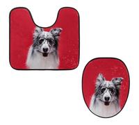 Eslifey Toilet Lid Cover and U-Shaped Toilet Floor Mat Set of 2 Pieces, Cute Border Collie Dog Toilet Mat Set, Machine Washable Seat Covers Non-Slip Absorbent Rugs