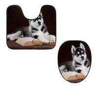 Eslifey Toilet Lid Cover and U-Shaped Toilet Floor Mat Set of 2 Pieces, Cute Husky Toilet Mat Set, Machine Washable Seat Covers Non-Slip Absorbent Rugs