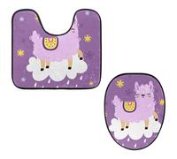 Eslifey Toilet Lid Cover and U-Shaped Toilet Floor Mat Set of 2 Pieces, Cute Purple Llama Alpaca on The Cloud Toilet Mat Set, Machine Washable Seat Covers Non-Slip Absorbent Rugs