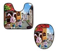 Eslifey Toilet Lid Cover and U-Shaped Toilet Floor Mat Set of 2 Pieces, Cute Rabbit Going to School Toilet Mat Set, Machine Washable Seat Covers Non-Slip Absorbent Rugs