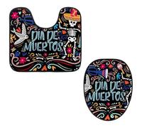 Eslifey Toilet Lid Cover and U-Shaped Toilet Floor Mat Set of 2 Pieces, Day of The Dead Sugar Skull Bones Toilet Mat Set, Machine Washable Seat Covers Non-Slip Absorbent Rugs