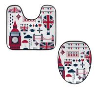Eslifey Toilet Lid Cover and U-Shaped Toilet Floor Mat Set of 2 Pieces, England Elements Toilet Mat Set, Machine Washable Seat Covers Non-Slip Absorbent Rugs
