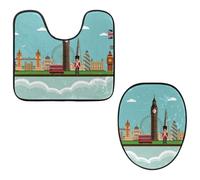 Eslifey Toilet Lid Cover and U-Shaped Toilet Floor Mat Set of 2 Pieces, England Elements Toilet Mat Set, Machine Washable Seat Covers Non-Slip Absorbent Rugs