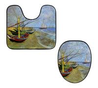 Eslifey Toilet Lid Cover and U-Shaped Toilet Floor Mat Set of 2 Pieces, Fishing Boats Saintes Maries Toilet Mat Set, Machine Washable Seat Covers Non-Slip Absorbent Rugs