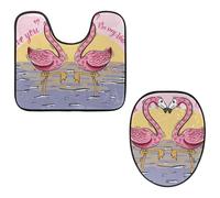 Eslifey Toilet Lid Cover and U-Shaped Toilet Floor Mat Set of 2 Pieces, Flamingo Birds Kiss Toilet Mat Set, Machine Washable Seat Covers Non-Slip Absorbent Rugs