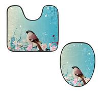Eslifey Toilet Lid Cover and U-Shaped Toilet Floor Mat Set of 2 Pieces, Floral Plum Magpie Toilet Mat Set, Machine Washable Seat Covers Non-Slip Absorbent Rugs