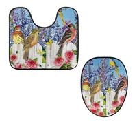 Eslifey Toilet Lid Cover and U-Shaped Toilet Floor Mat Set of 2 Pieces, Flowers Birds Butterfly Toilet Mat Set, Machine Washable Seat Covers Non-Slip Absorbent Rugs