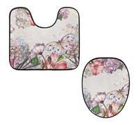 Eslifey Toilet Lid Cover and U-Shaped Toilet Floor Mat Set of 2 Pieces, Flowers Butterfly Toilet Mat Set, Machine Washable Seat Covers Non-Slip Absorbent Rugs