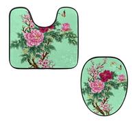 Eslifey Toilet Lid Cover and U-Shaped Toilet Floor Mat Set of 2 Pieces, Flowers Butterfly Toilet Mat Set, Machine Washable Seat Covers Non-Slip Absorbent Rugs