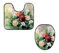 Eslifey Toilet Lid Cover and U-Shaped Toilet Floor Mat Set of 2 Pieces, Flowers with Butterfly Toilet Mat Set, Machine Washable Seat Covers Non-Slip Absorbent Rugs