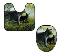 Eslifey Toilet Lid Cover and U-Shaped Toilet Floor Mat Set of 2 Pieces, Foggy Mountain Bears Toilet Mat Set, Machine Washable Seat Covers Non-Slip Absorbent Rugs