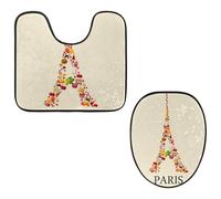 Eslifey Toilet Lid Cover and U-Shaped Toilet Floor Mat Set of 2 Pieces, Funny Elements Eiffel Tower Toilet Mat Set, Machine Washable Seat Covers Non-Slip Absorbent Rugs