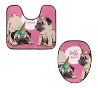 Eslifey Toilet Lid Cover and U-Shaped Toilet Floor Mat Set of 2 Pieces, Funny Hello Pugicorn Cute Puppy Toilet Mat Set, Machine Washable Seat Covers Non-Slip Absorbent Rugs