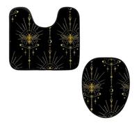 Eslifey Toilet Lid Cover and U-Shaped Toilet Floor Mat Set of 2 Pieces, Geometric Linear Golden Bee Toilet Mat Set, Machine Washable Seat Covers Non-Slip Absorbent Rugs