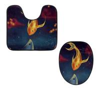 Eslifey Toilet Lid Cover and U-Shaped Toilet Floor Mat Set of 2 Pieces, Goldfish and Whale Kiss Toilet Mat Set, Machine Washable Seat Covers Non-Slip Absorbent Rugs