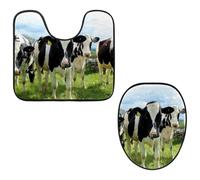 Eslifey Toilet Lid Cover and U-Shaped Toilet Floor Mat Set of 2 Pieces, Holstein Cattle Toilet Mat Set, Machine Washable Seat Covers Non-Slip Absorbent Rugs