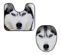 Eslifey Toilet Lid Cover and U-Shaped Toilet Floor Mat Set of 2 Pieces, Husky Dog Toilet Mat Set, Machine Washable Seat Covers Non-Slip Absorbent Rugs
