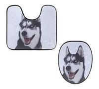 Eslifey Toilet Lid Cover and U-Shaped Toilet Floor Mat Set of 2 Pieces, Husky Dog Toilet Mat Set, Machine Washable Seat Covers Non-Slip Absorbent Rugs