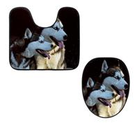 Eslifey Toilet Lid Cover and U-Shaped Toilet Floor Mat Set of 2 Pieces, Husky Dogs Toilet Mat Set, Machine Washable Seat Covers Non-Slip Absorbent Rugs