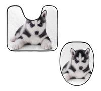 Eslifey Toilet Lid Cover and U-Shaped Toilet Floor Mat Set of 2 Pieces, Husky Puppy Toilet Mat Set, Machine Washable Seat Covers Non-Slip Absorbent Rugs