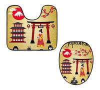 Eslifey Toilet Lid Cover and U-Shaped Toilet Floor Mat Set of 2 Pieces, Japan Elements Toilet Mat Set, Machine Washable Seat Covers Non-Slip Absorbent Rugs