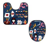 Eslifey Toilet Lid Cover and U-Shaped Toilet Floor Mat Set of 2 Pieces, Japanese Elements Toilet Mat Set, Machine Washable Seat Covers Non-Slip Absorbent Rugs
