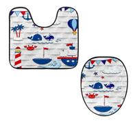 Eslifey Toilet Lid Cover and U-Shaped Toilet Floor Mat Set of 2 Pieces, Mediterranean Sea Elements Toilet Mat Set, Machine Washable Seat Covers Non-Slip Absorbent Rugs