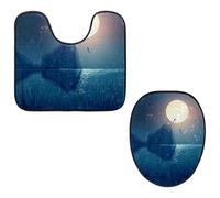 Eslifey Toilet Lid Cover and U-Shaped Toilet Floor Mat Set of 2 Pieces, Moonlight Marsh Night Landscape Toilet Mat Set, Machine Washable Seat Covers Non-Slip Absorbent Rugs