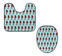Eslifey Toilet Lid Cover and U-Shaped Toilet Floor Mat Set of 2 Pieces, Nautical Seahorse Blue Toilet Mat Set, Machine Washable Seat Covers Non-Slip Absorbent Rugs