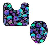Eslifey Toilet Lid Cover and U-Shaped Toilet Floor Mat Set of 2 Pieces, Neon Skulls Flowers Toilet Mat Set, Machine Washable Seat Covers Non-Slip Absorbent Rugs