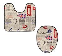Eslifey Toilet Lid Cover and U-Shaped Toilet Floor Mat Set of 2 Pieces, Newspaper Style England Elements Toilet Mat Set, Machine Washable Seat Covers Non-Slip Absorbent Rugs
